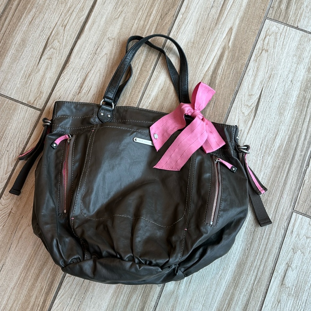 Y2K Juicy Couture Dark Green Tote Bag Pink Trim Shoulder Purse Vintage